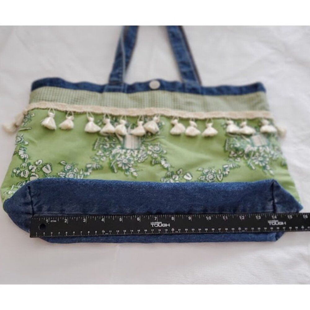 Handmade Artisan Denim Toile Tote Bag Green Floral Tassel Trim Gingham Lined OS - Picture 5 of 7